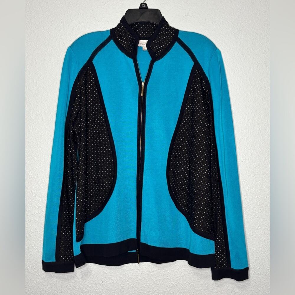 Misook Turquoise & Black Perforated Mesh Panel Zip Front Knit Cardigan L